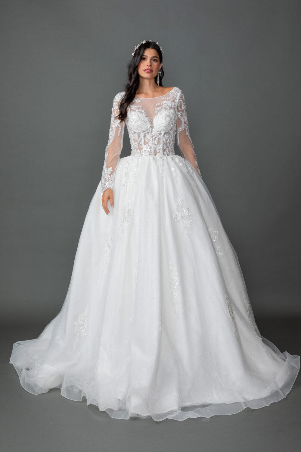 illusion lace long sleeve wedding dress Appliqué Bridal Ball Gown with Bodice (0325) Off-White / L KAREN KANE SUMMER MOOMOO Matched with a flowing Becoming June Shoe Size:13 US