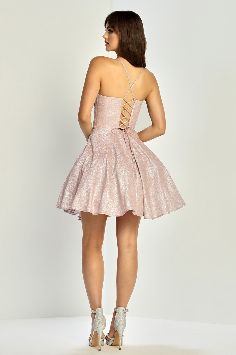 Shimmer A-Line Mini Dress with Corset Bodice and Lace-Up Back (1080)