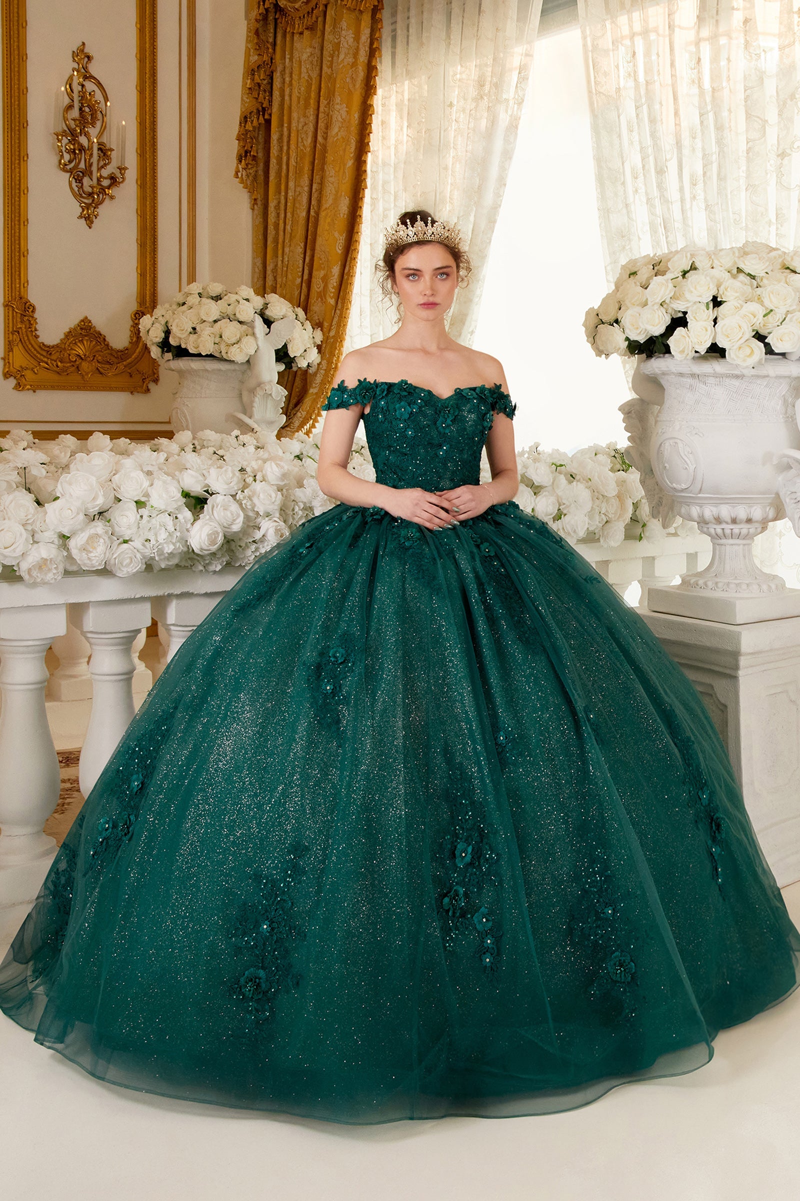 Off The Shoulder Floral Quince Ball Gown (15702)