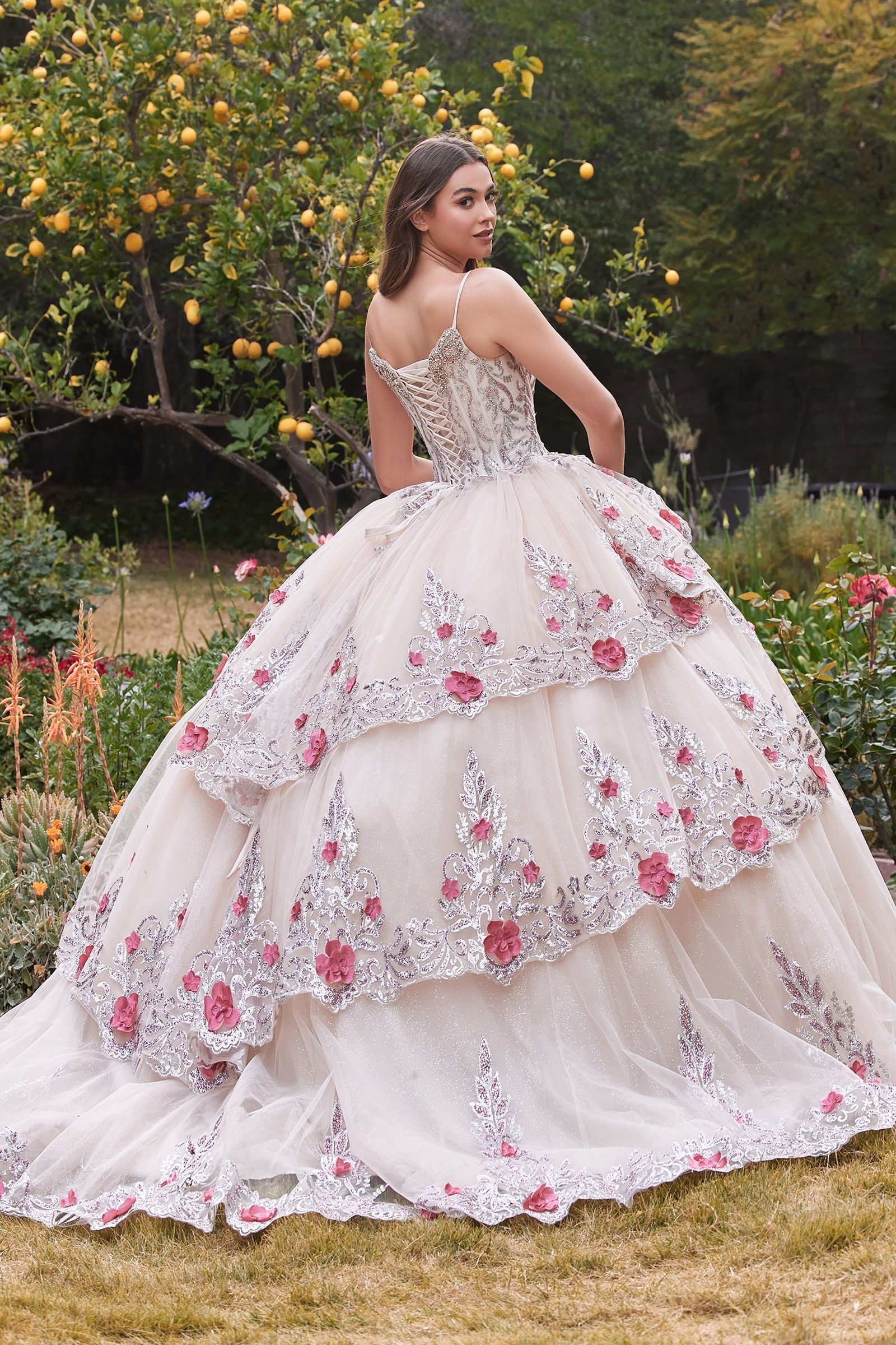 Layered Tulle Quince Ball Gown With Foral Applique (15703)
