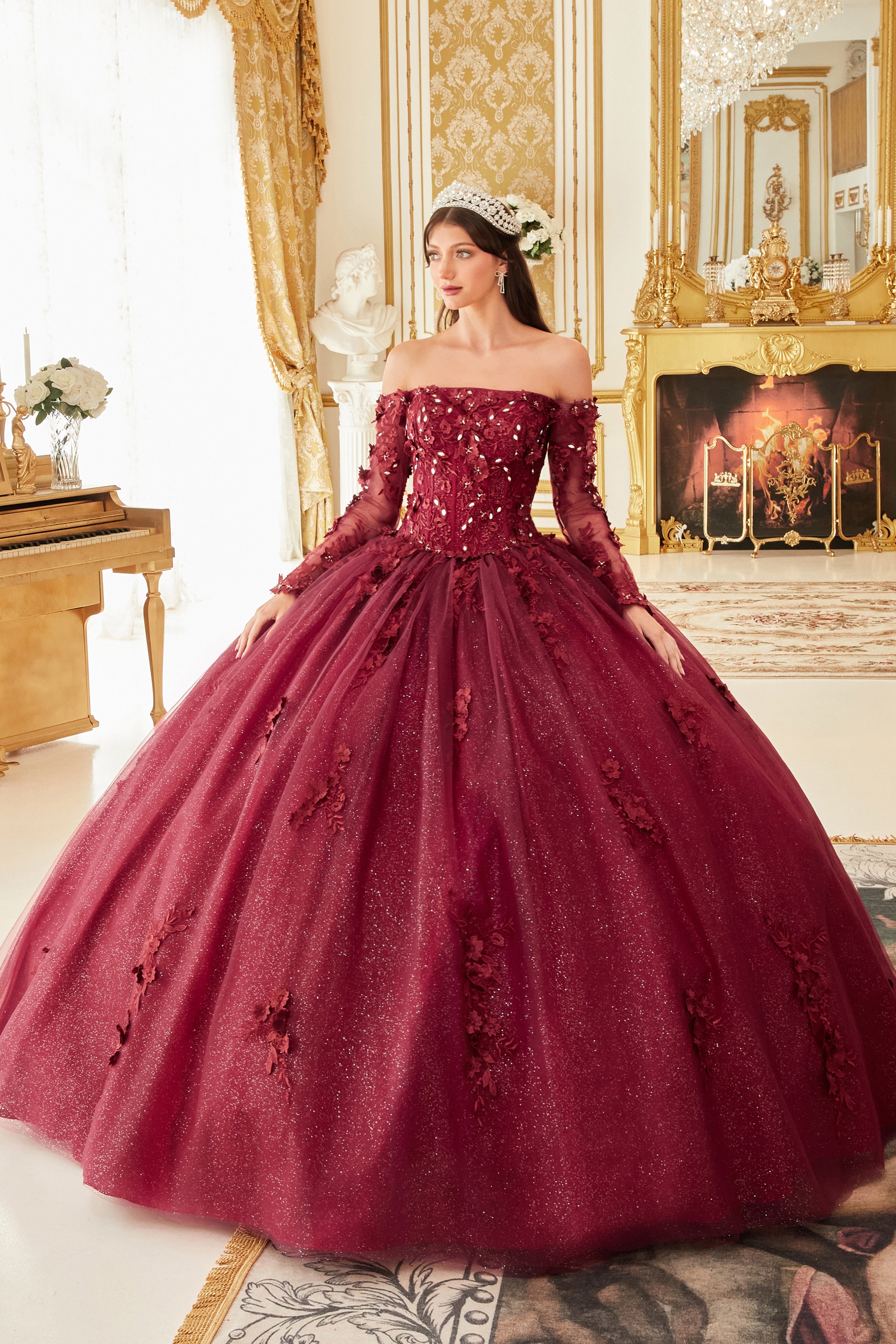 Off The Shoulder Lace Long Sleeve Ball Gown(15706)