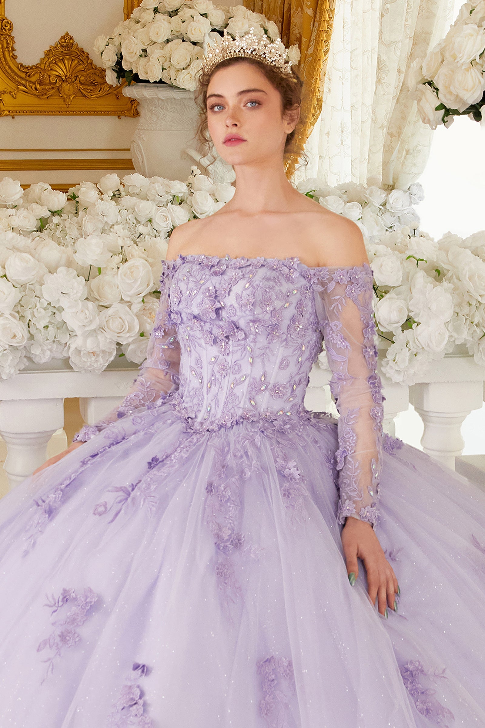 Off The Shoulder Lace Long Sleeve Ball Gown(15706)