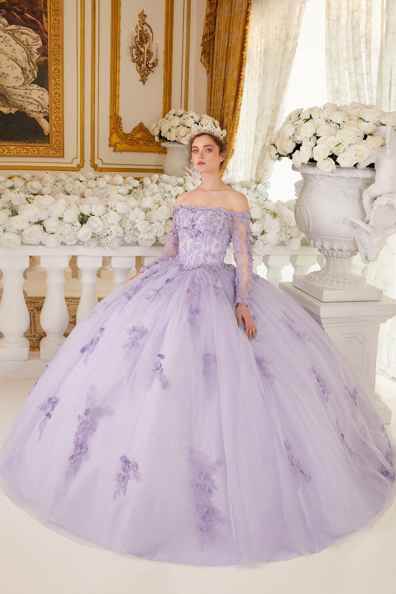 Off The Shoulder Lace Long Sleeve Ball Gown(15706)