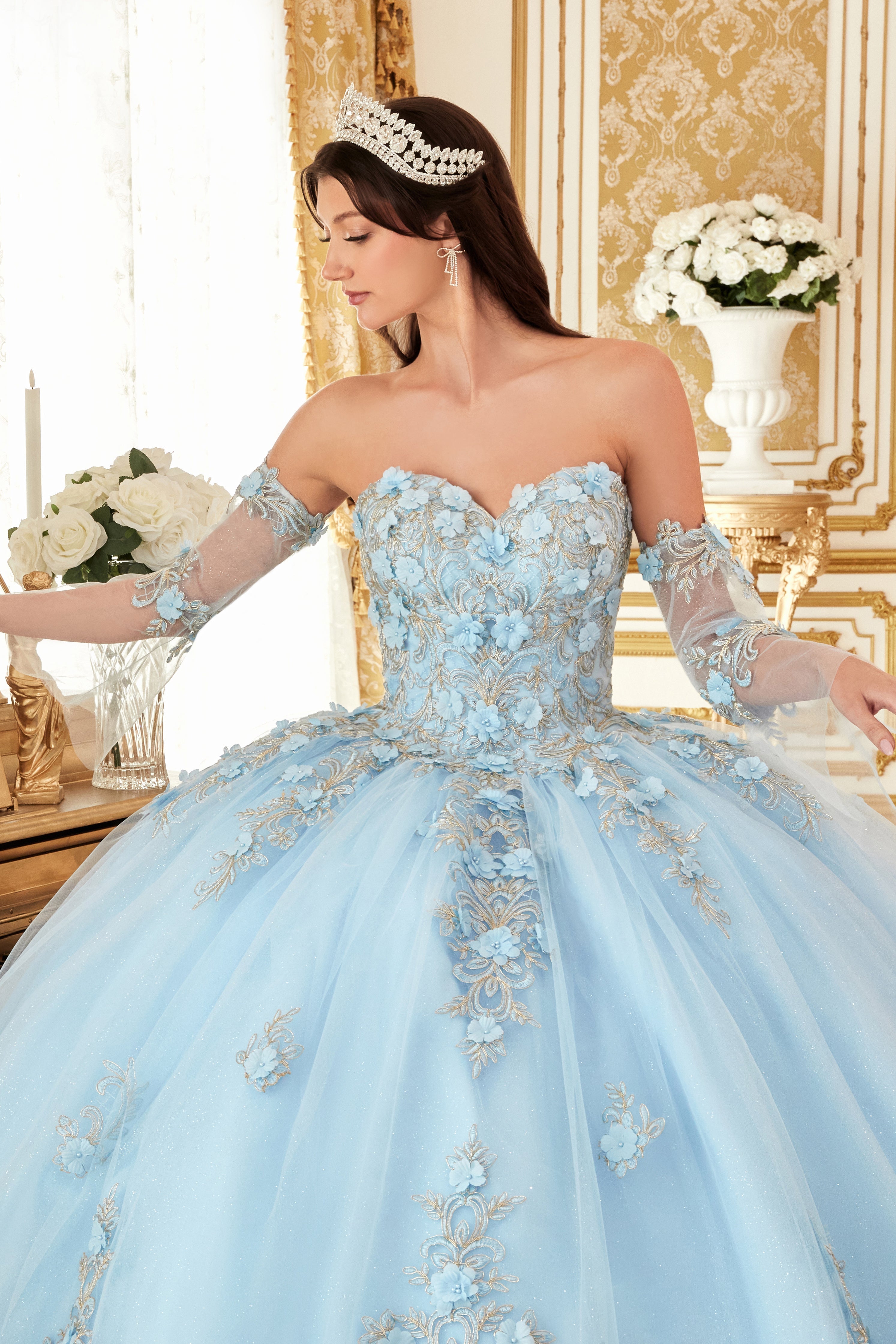 Layered Tulle Ball Gown With Floral Applique (15714)