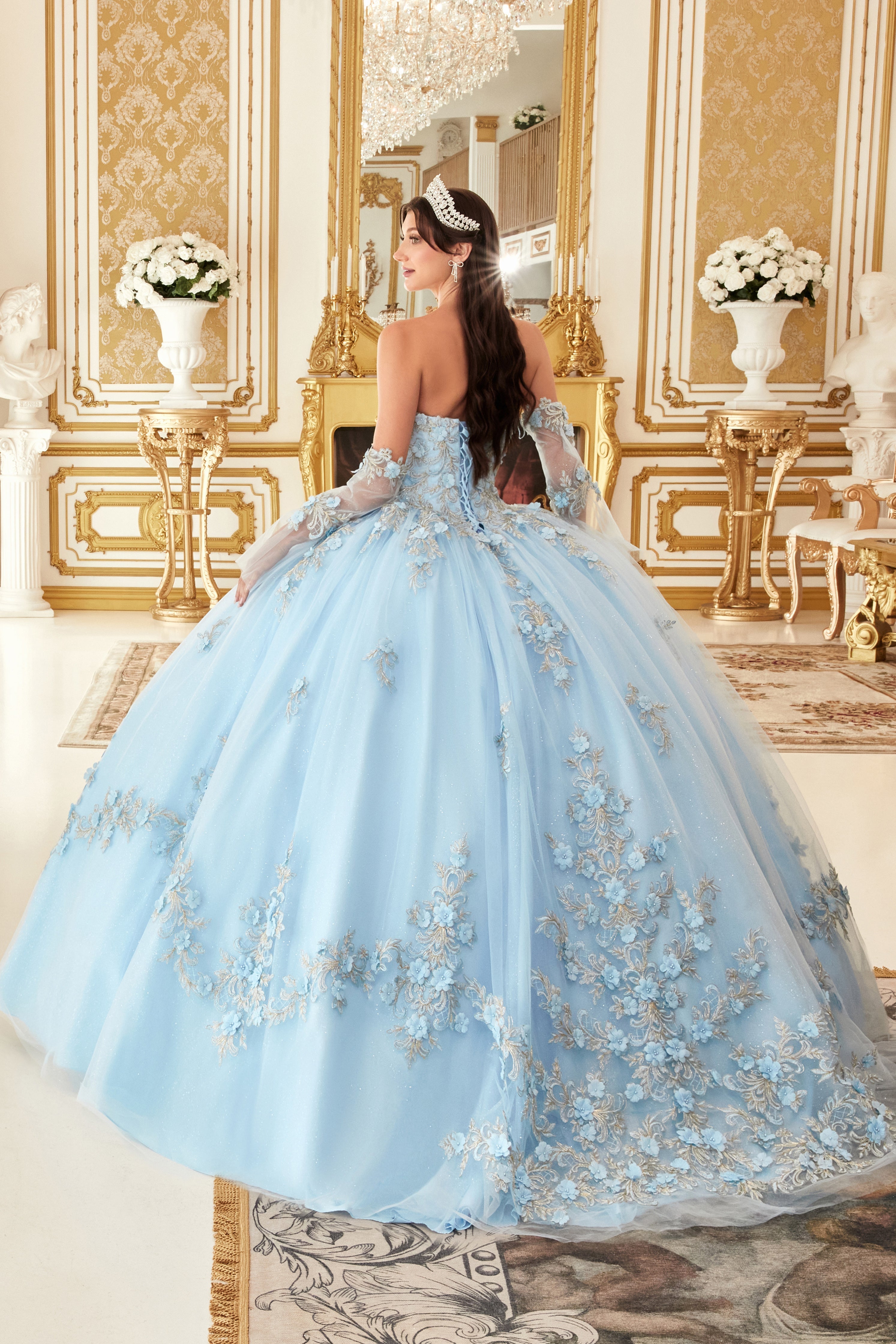 Layered Tulle Ball Gown With Floral Applique (15714)
