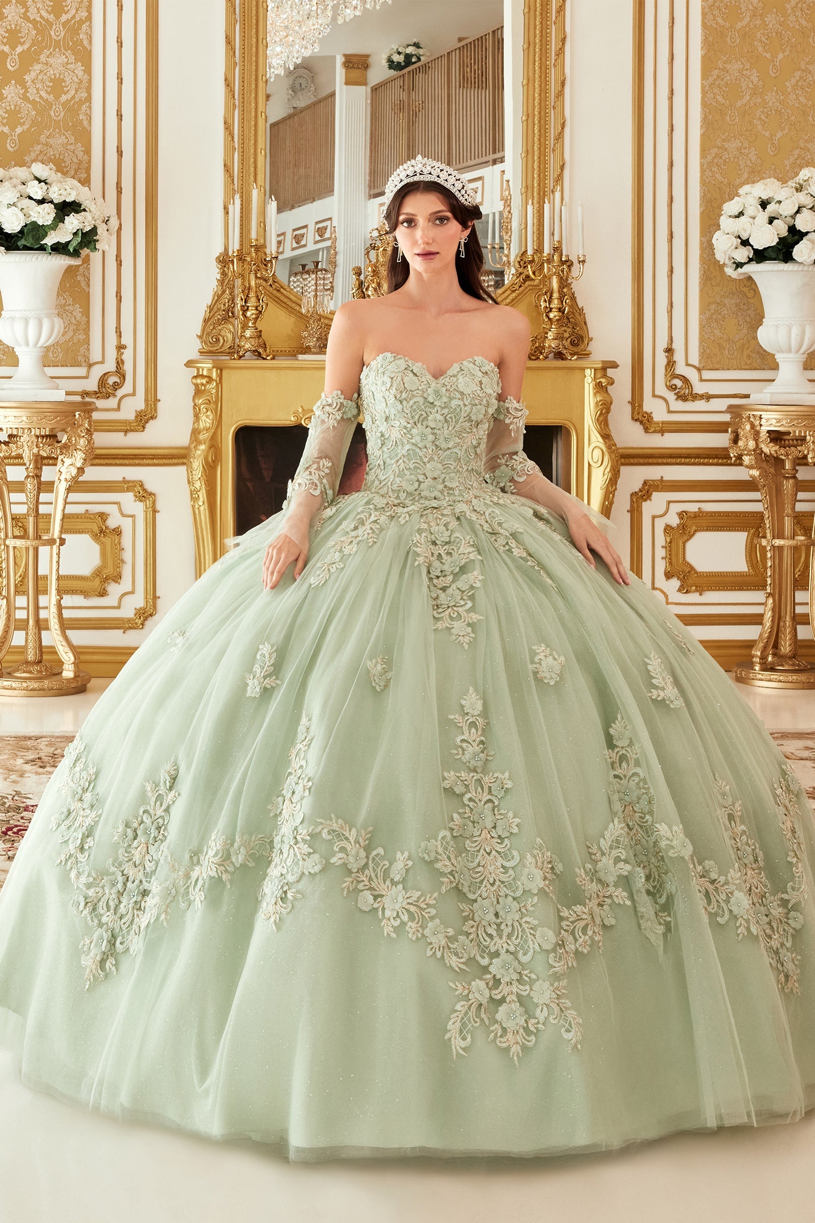 Layered Tulle Ball Gown With Floral Applique (15714)