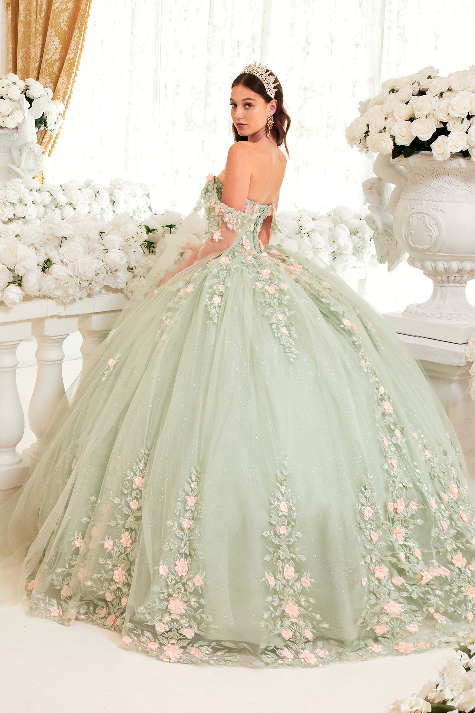 Sage Ball Gown With Blush Floral Details (15716)