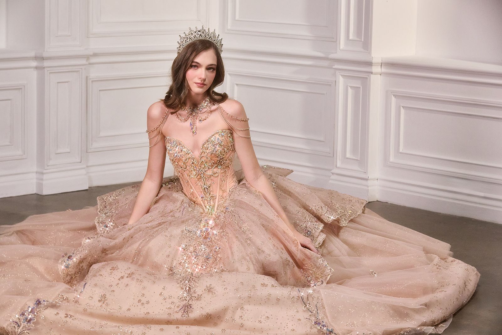 Royal Glamour Glimmering Floral Embroidered Ball Gown (15727)