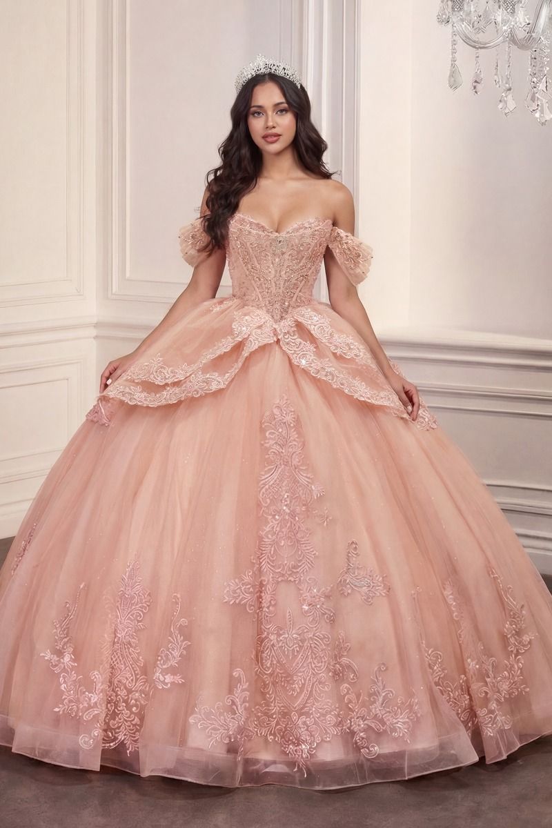 Off-the-Shoulder Beaded Quinceañera Ball Gown with Layered Skirt and Oversized Bow (15729)