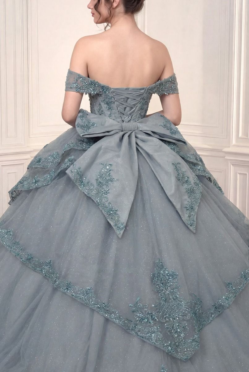 Off-the-Shoulder Beaded Quinceañera Ball Gown with Layered Skirt and Oversized Bow (15729)