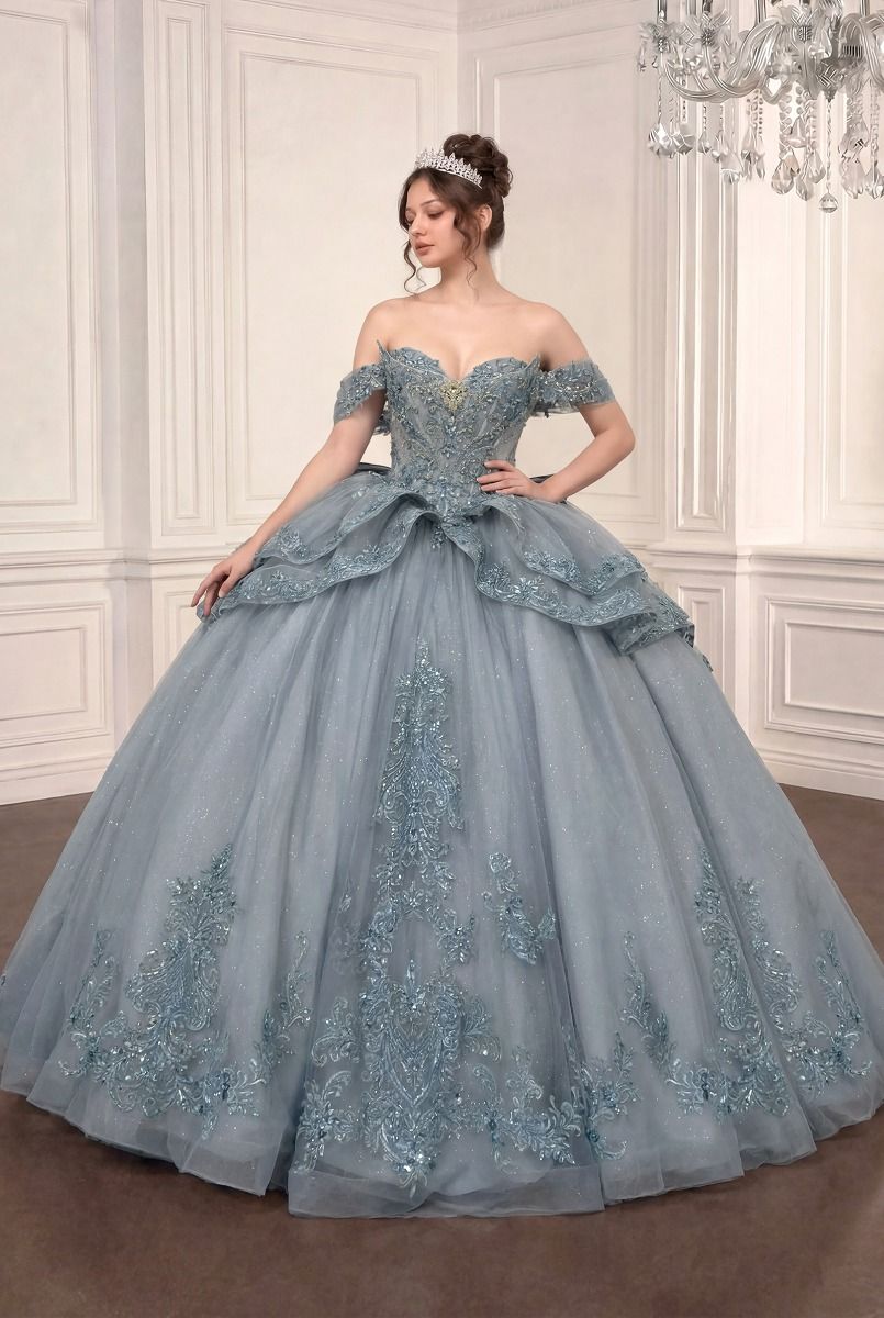 Off-the-Shoulder Beaded Quinceañera Ball Gown with Layered Skirt and Oversized Bow (15729)