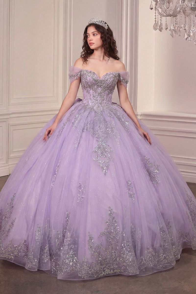 Off-the-Shoulder Glitter Tulle Quinceañera Ball Gown with Beaded Embroidery and Oversized Bow (15730)