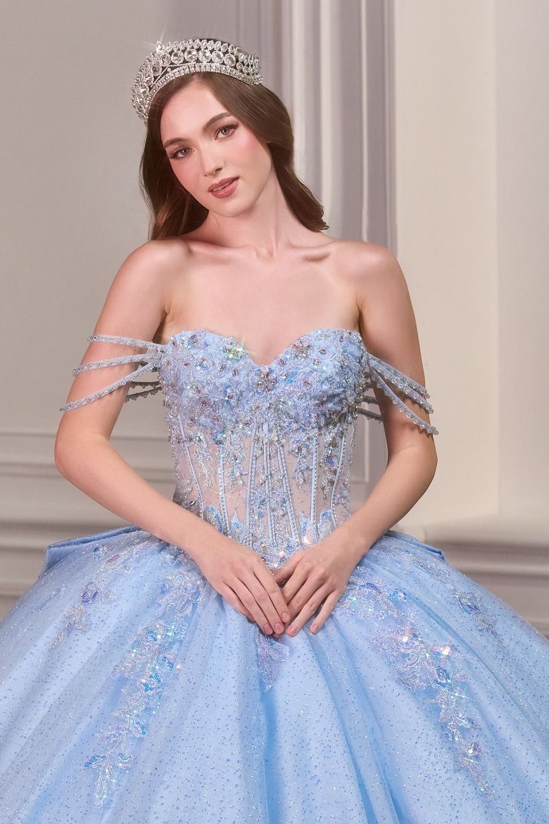 Enchanting Off-Shoulder Ball Gown with Beaded Corset Bodice and Oversized Bow Back (15735)