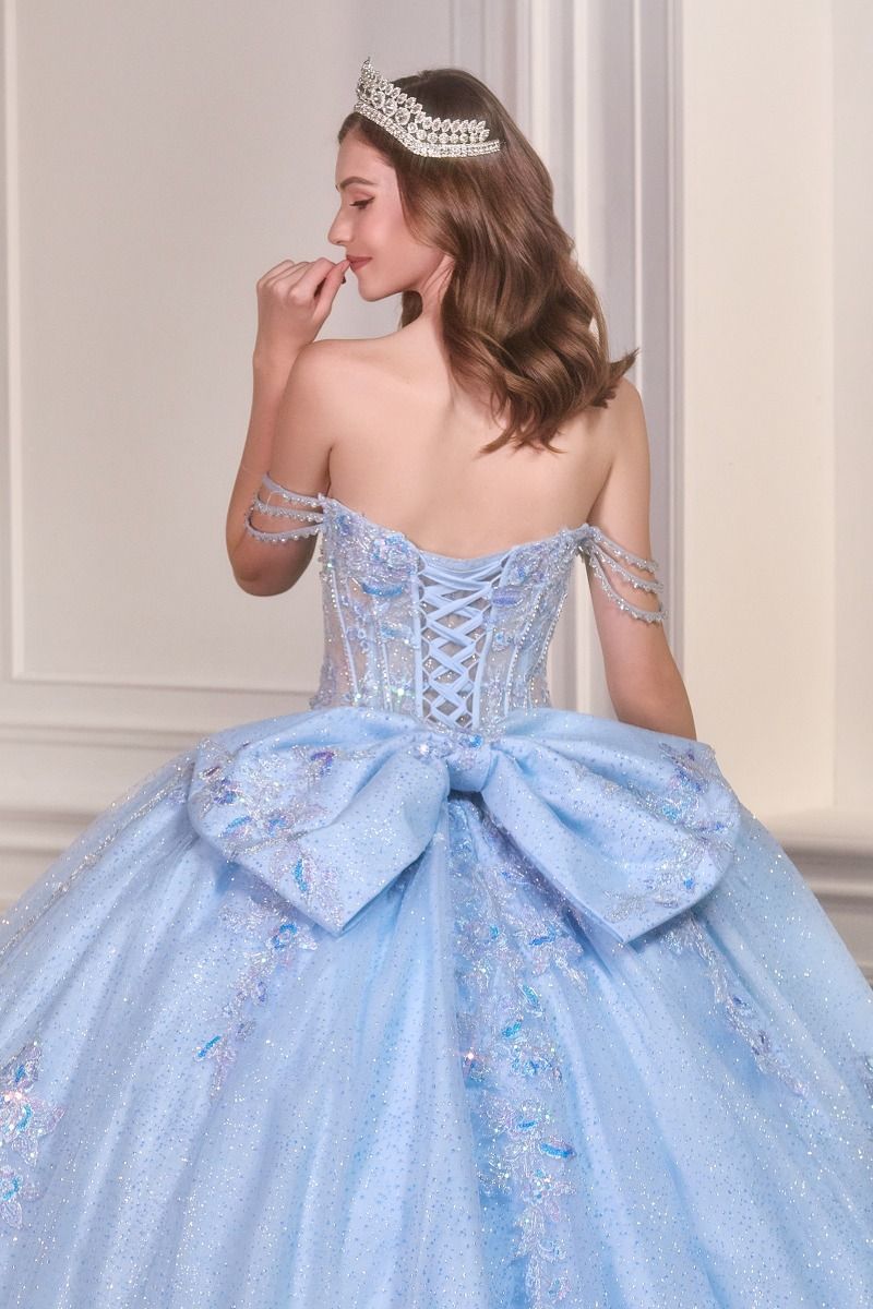 Enchanting Off-Shoulder Ball Gown with Beaded Corset Bodice and Oversized Bow Back (15735)