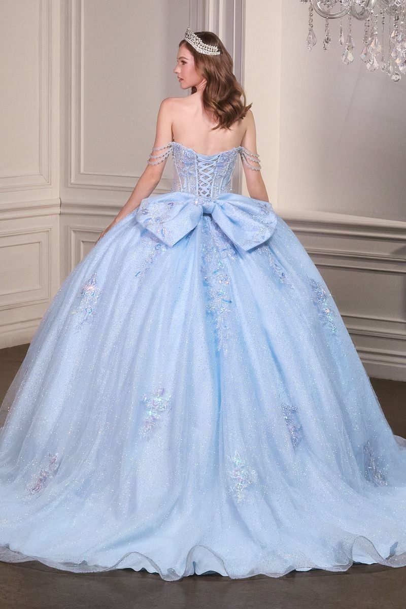 Enchanting Off-Shoulder Ball Gown with Beaded Corset Bodice and Oversized Bow Back (15735)