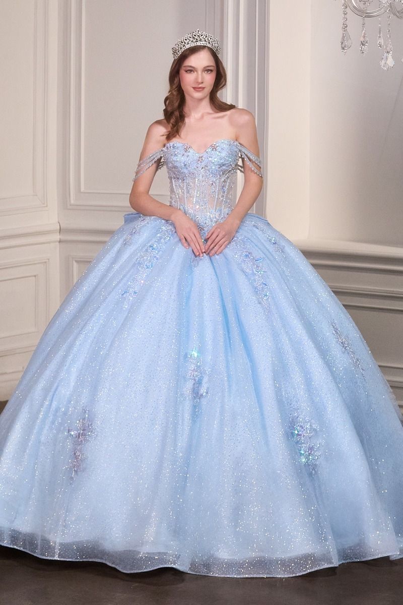 Enchanting Off-Shoulder Ball Gown with Beaded Corset Bodice and Oversized Bow Back (15735)