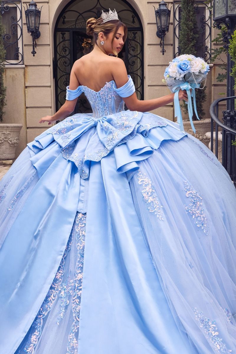 Off-the-Shoulder Crystal Corset Quinceañera Ball Gown with Satin Bow (15745)