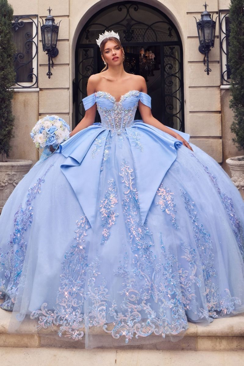 Off-the-Shoulder Crystal Corset Quinceañera Ball Gown with Satin Bow (15745)