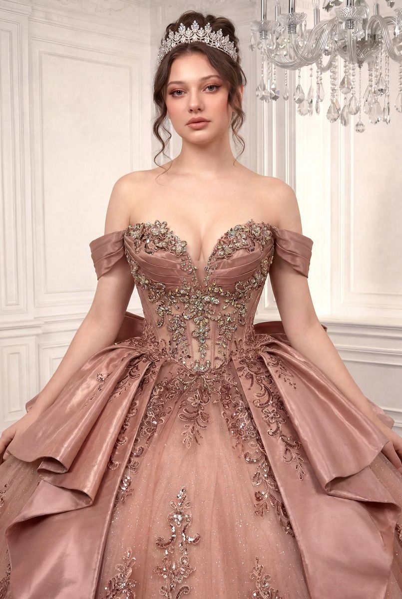 Off-the-Shoulder Crystal Corset Quinceañera Ball Gown with Satin Bow (15745)