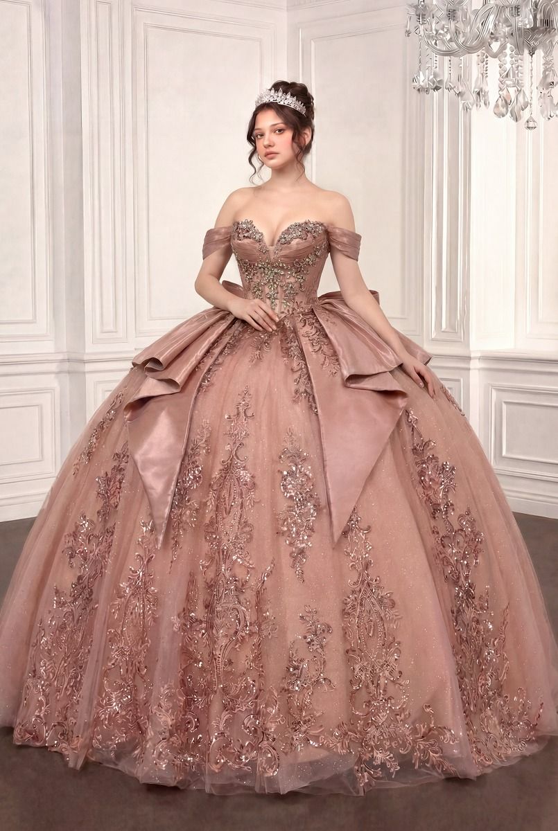 Off-the-Shoulder Crystal Corset Quinceañera Ball Gown with Satin Bow (15745)
