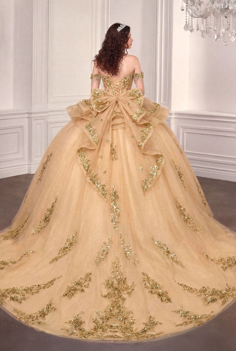 Off-the-Shoulder Floral Appliqué Quinceañera Ball Gown with Statement Bow (15746)