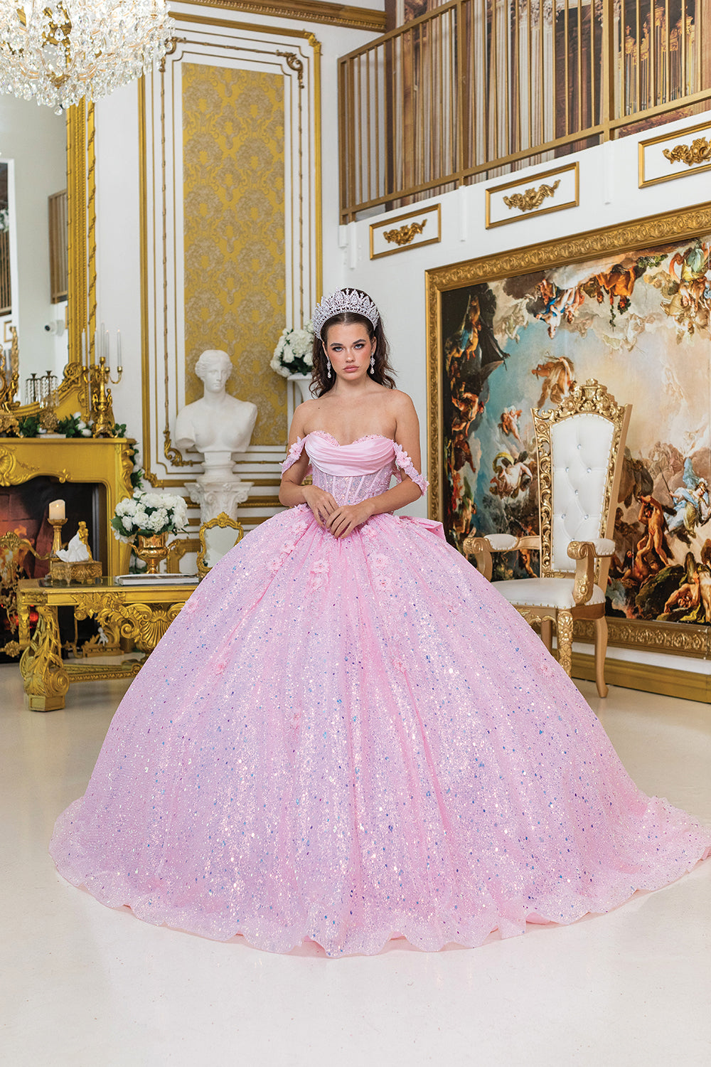 Off-Shoulder Glitter Quinceañera Ball Gown with Corset Bodice and Statement Bow (1984)