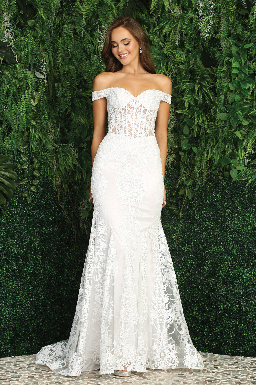 Elegant Off-Shoulder Lace Corset Mermaid Gown with Illusion Back and Sweep Train (3123-01)