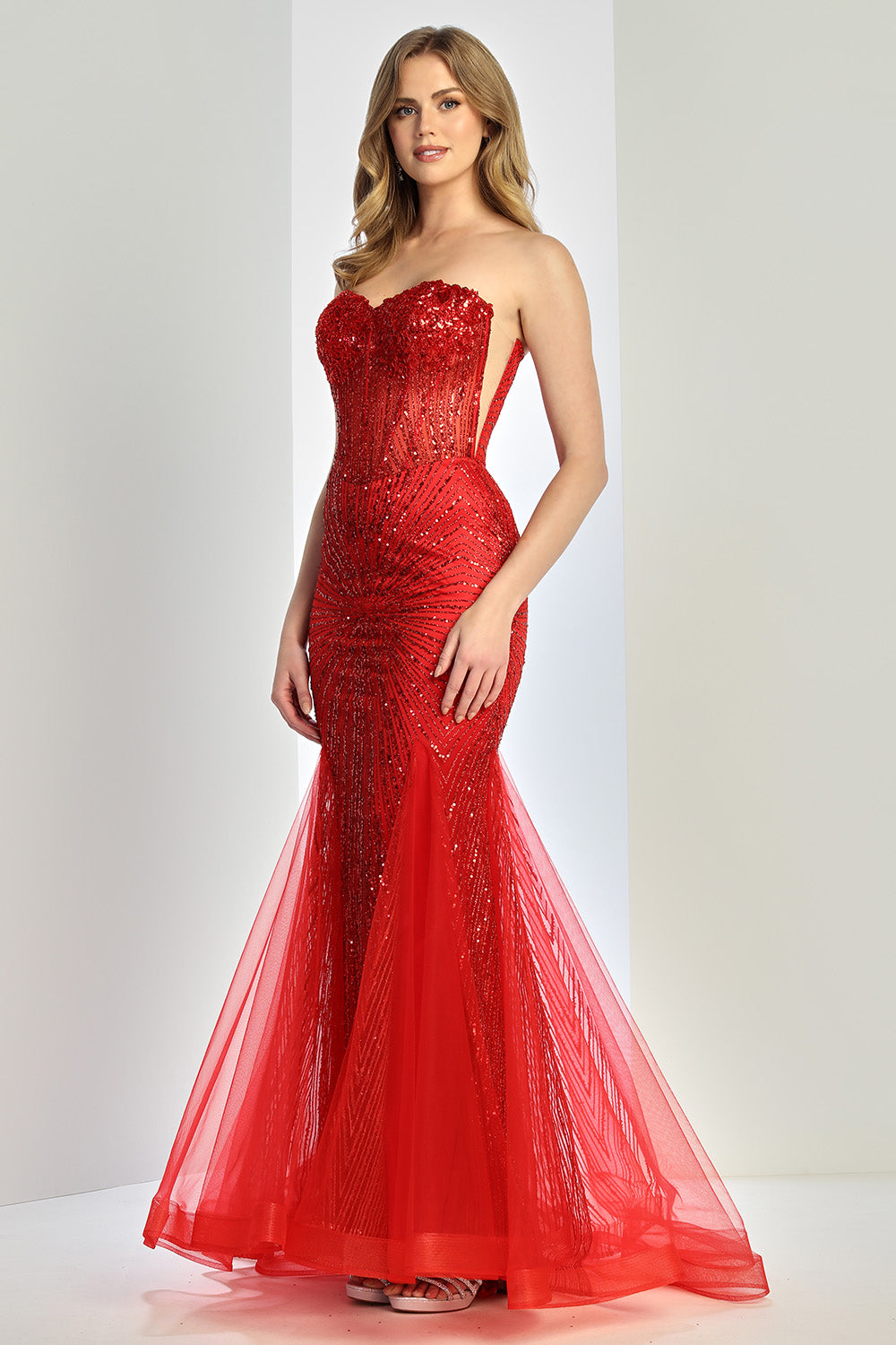 Glamorous Strapless Sequin Corset Mermaid Gown with Sheer Panels and Tulle Train (3278)