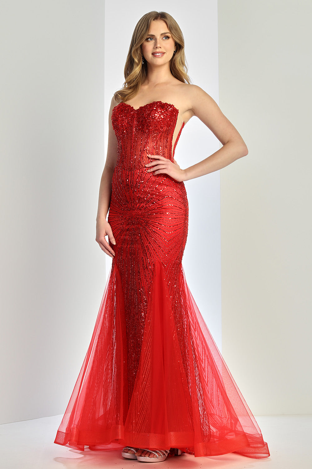 Glamorous Strapless Sequin Corset Mermaid Gown with Sheer Panels and Tulle Train (3278)