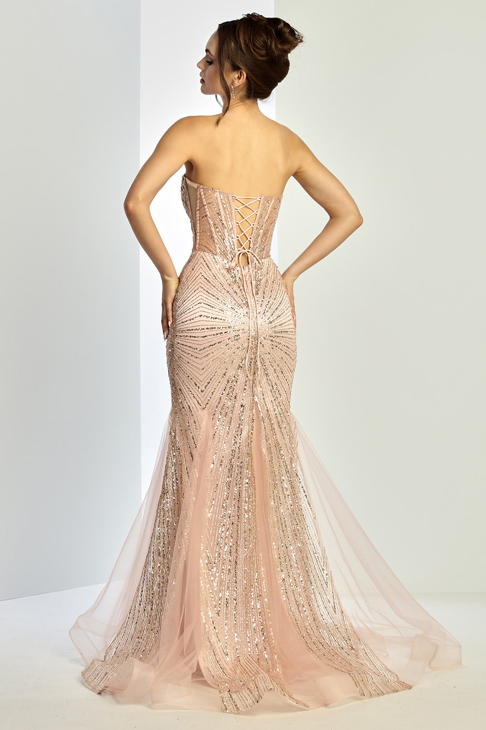 Glamorous Strapless Sequin Corset Mermaid Gown with Sheer Panels and Tulle Train (3278)