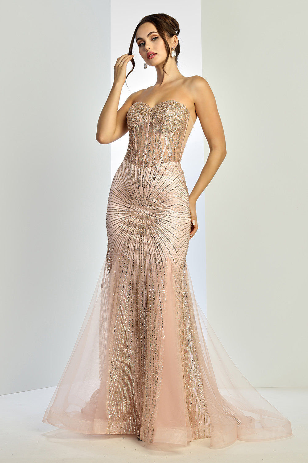 Glamorous Strapless Sequin Corset Mermaid Gown with Sheer Panels and Tulle Train (3278)