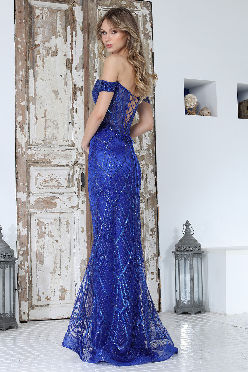 Glamorous Off-Shoulder Sequin Corset Mermaid Gown with Lace-Up Back (3359)