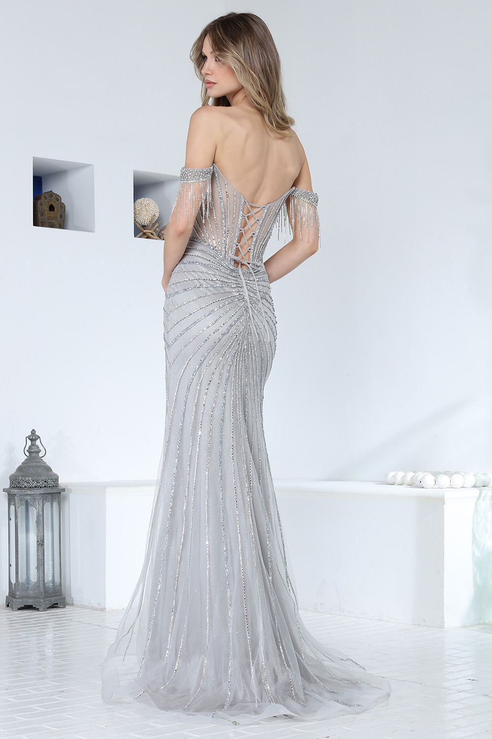 Glamorous Beaded Corset Gown with Fringe Sleeves and Sculpted High Slit Skirt (3362)