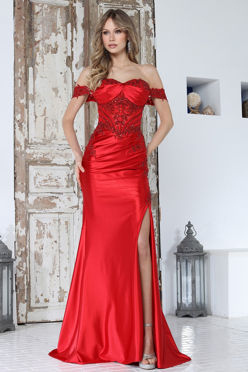 Romantic Off-Shoulder Lace Corset Satin Gown with Draped Skirt and High Slit (3376)