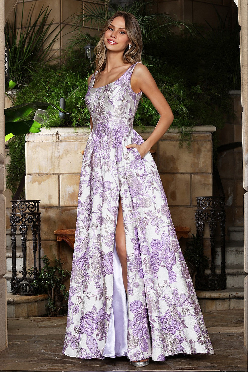 Romantic Floral A-Line Gown with Scoop Neckline and High Slit (3379)