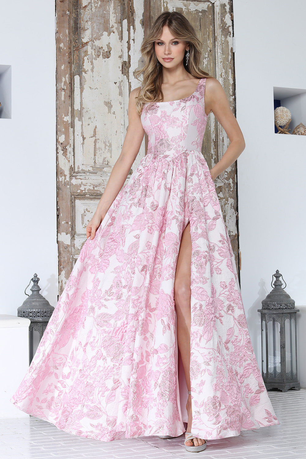 Romantic Floral A-Line Gown with Scoop Neckline and High Slit (3379)