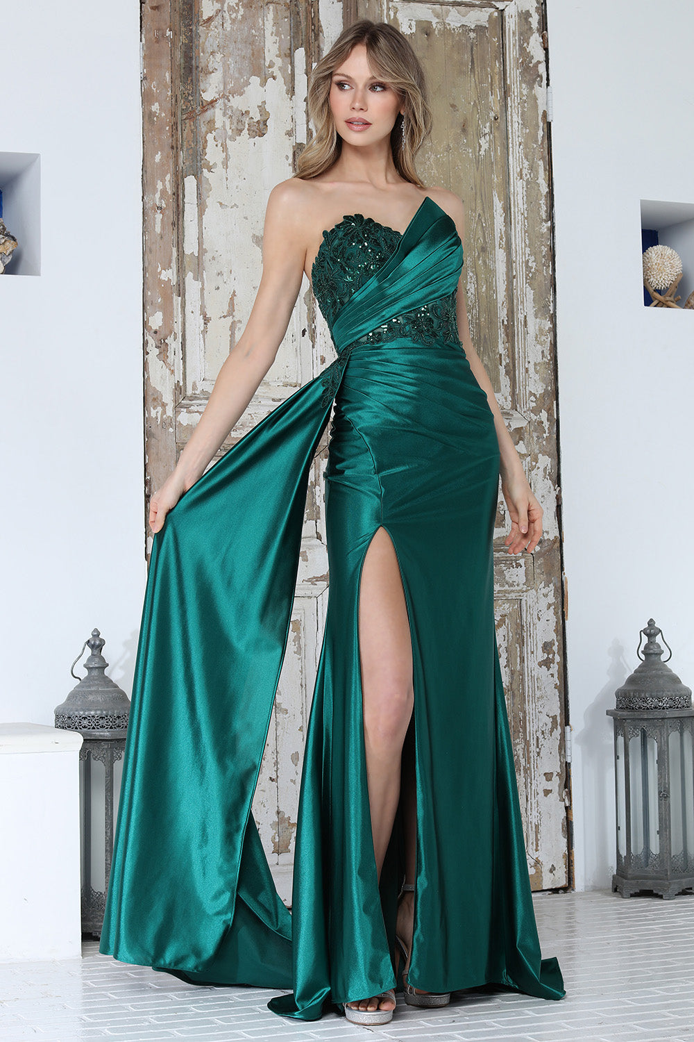 Satin Draped Bodice Embroidered Slit Fitted Gown (3381)