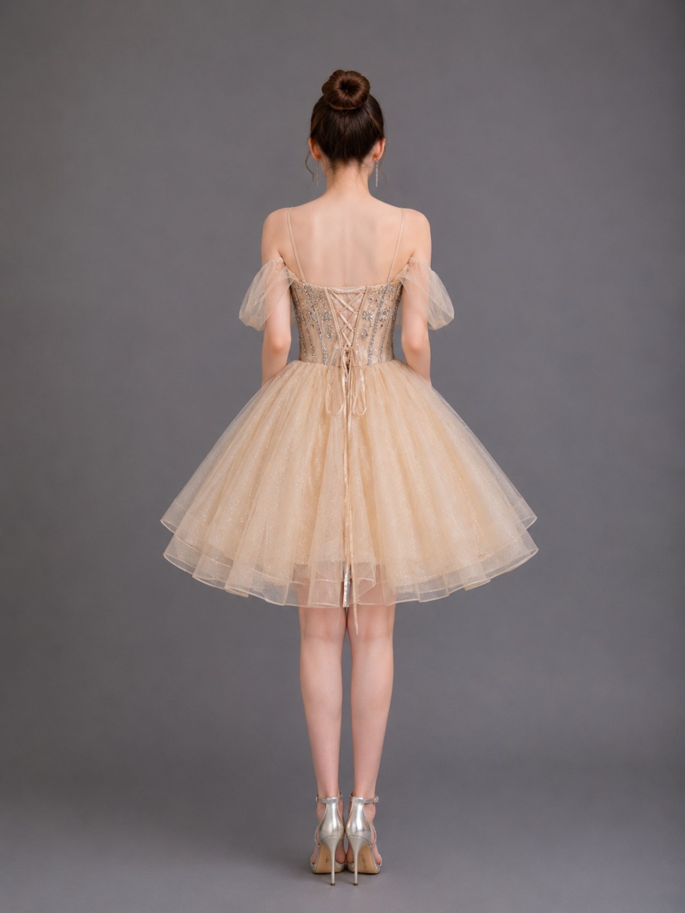 Off-Shoulder Embroidered Corset Dress with Glitter Tulle Skirt