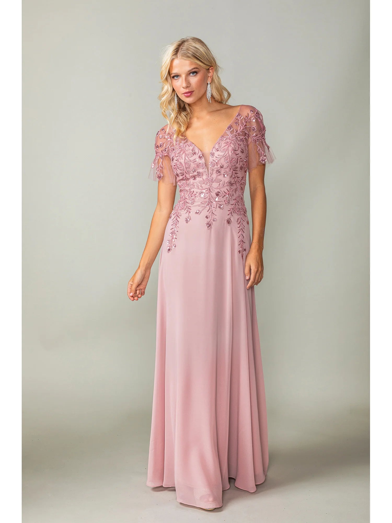 V Neck Flutter Sleeve Prom Dress with Embroidered Applique (4378)