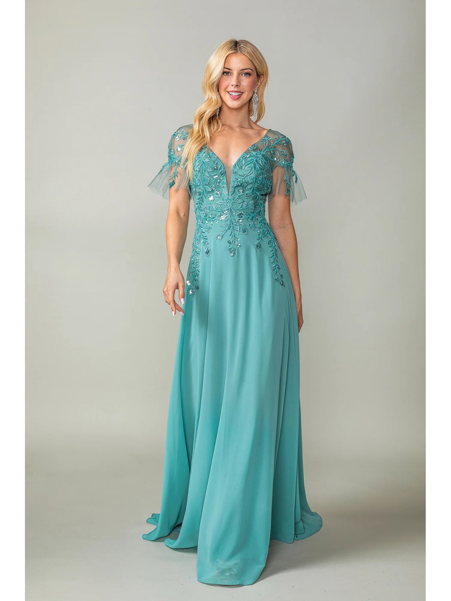 V Neck Flutter Sleeve Prom Dress with Embroidered Applique (4378)