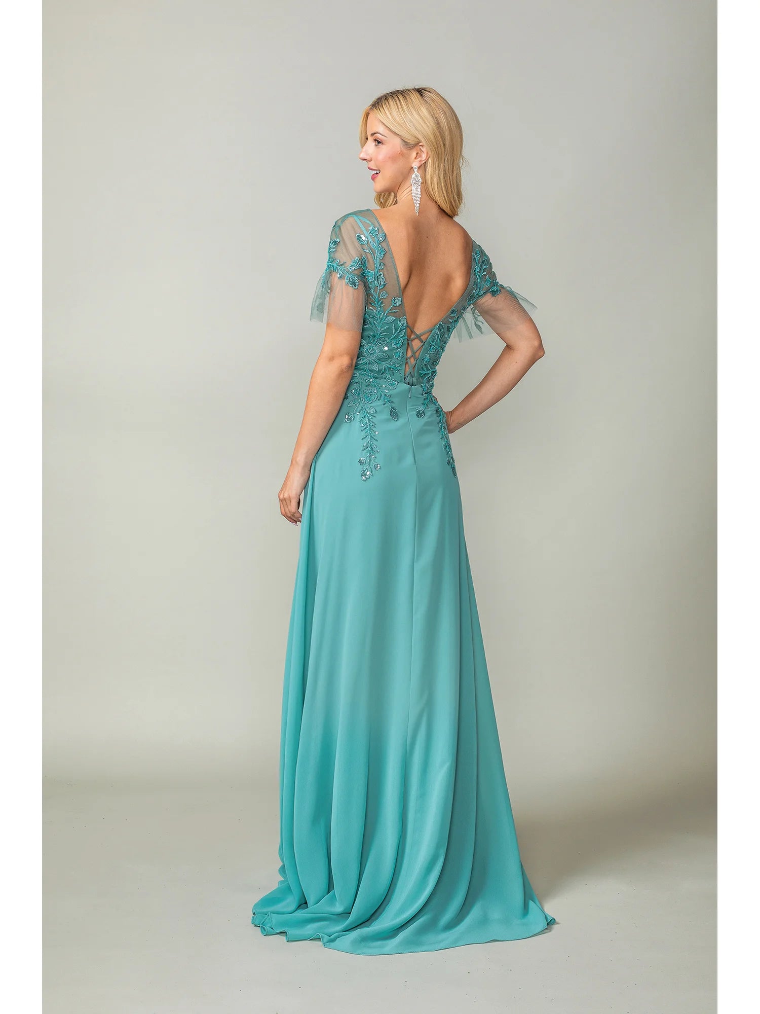 V Neck Flutter Sleeve Prom Dress with Embroidered Applique (4378)