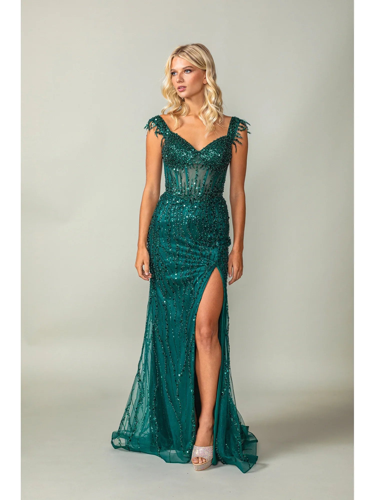 Beaded Sequin Off-Shoulder Mermaid Gown With Sheer Bodice Fitted Gown (4385)