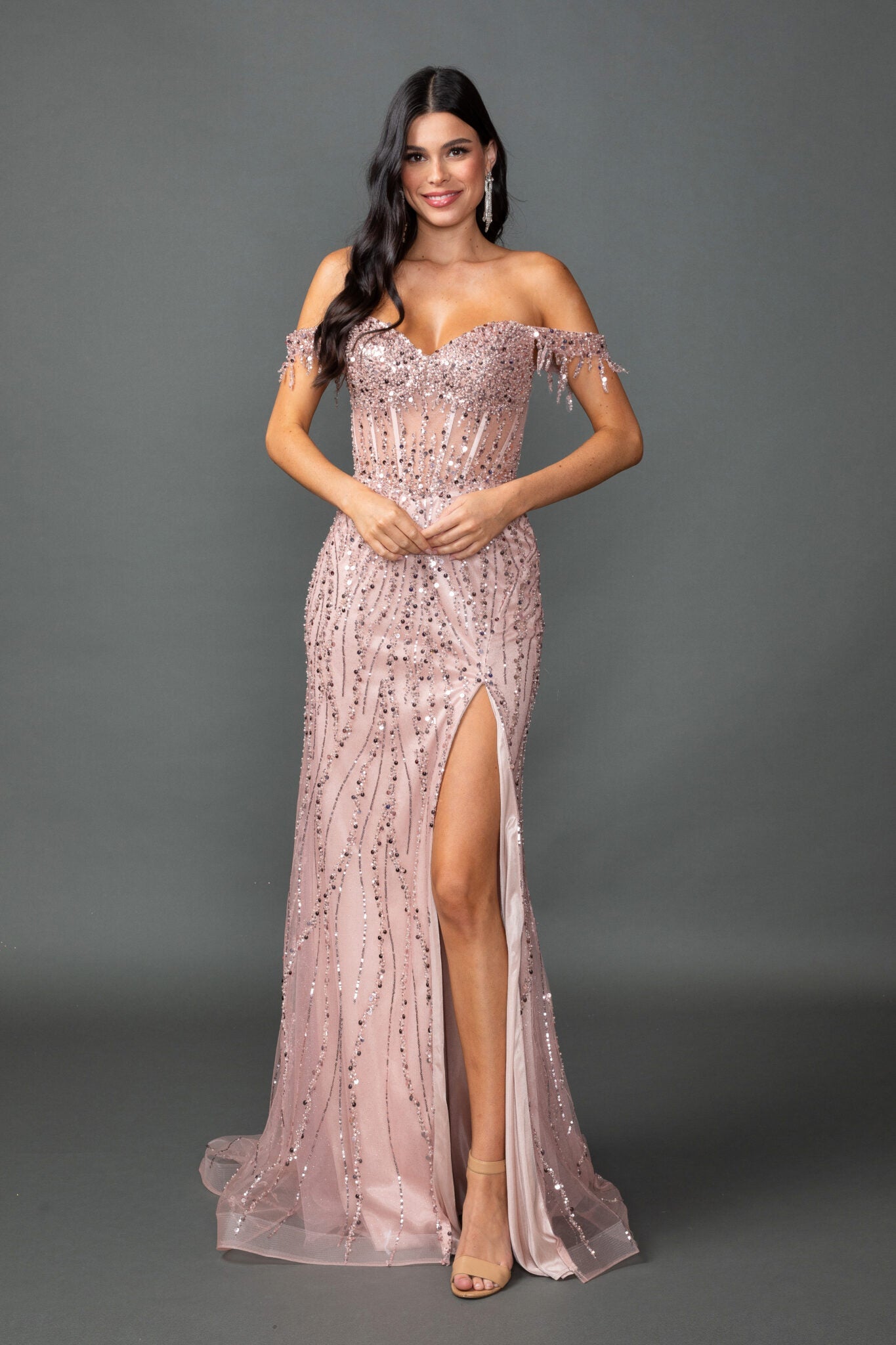 Beaded Sequin Off-Shoulder Mermaid Gown With Sheer Bodice Fitted Gown (4385)