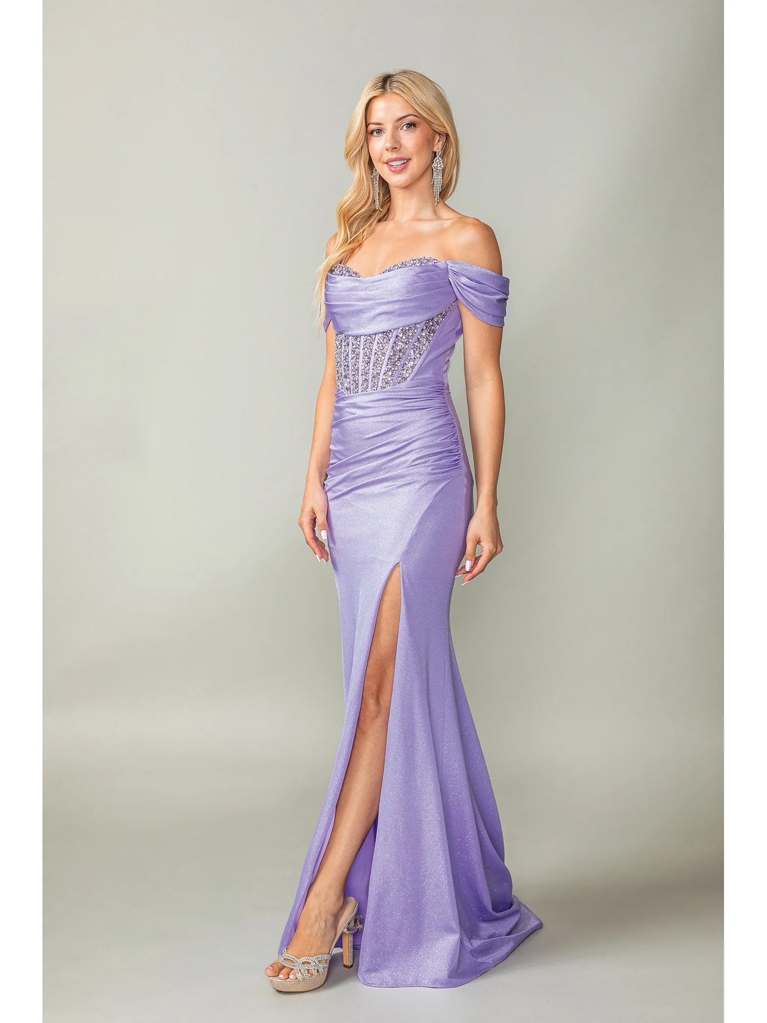 Glamorous Off-Shoulder Corset Gown with Beaded Bodice & High Slit (4386)