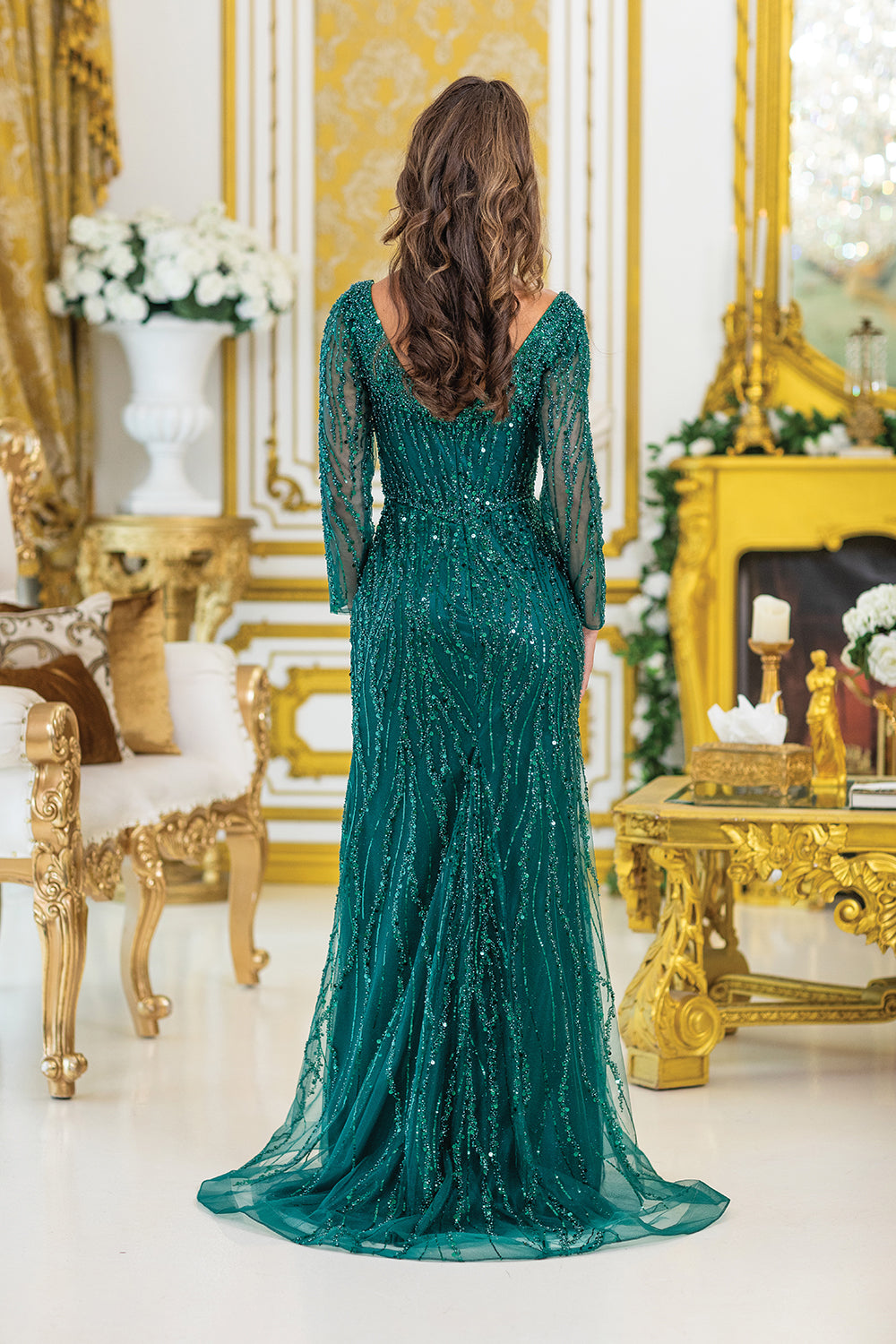 Long Sleeve Beaded Embroidered Fitted Prom Dress with Side Slit (4479)