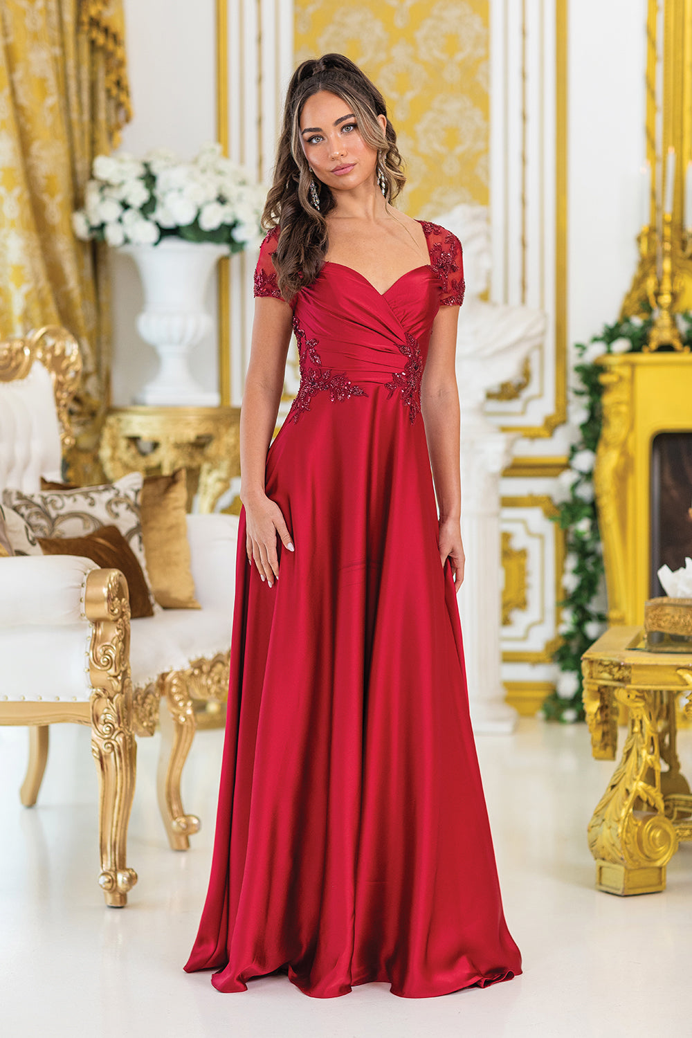 A-Line Evening Gown with Embroidered Floral Lace Details and Short Sleeves (4499)