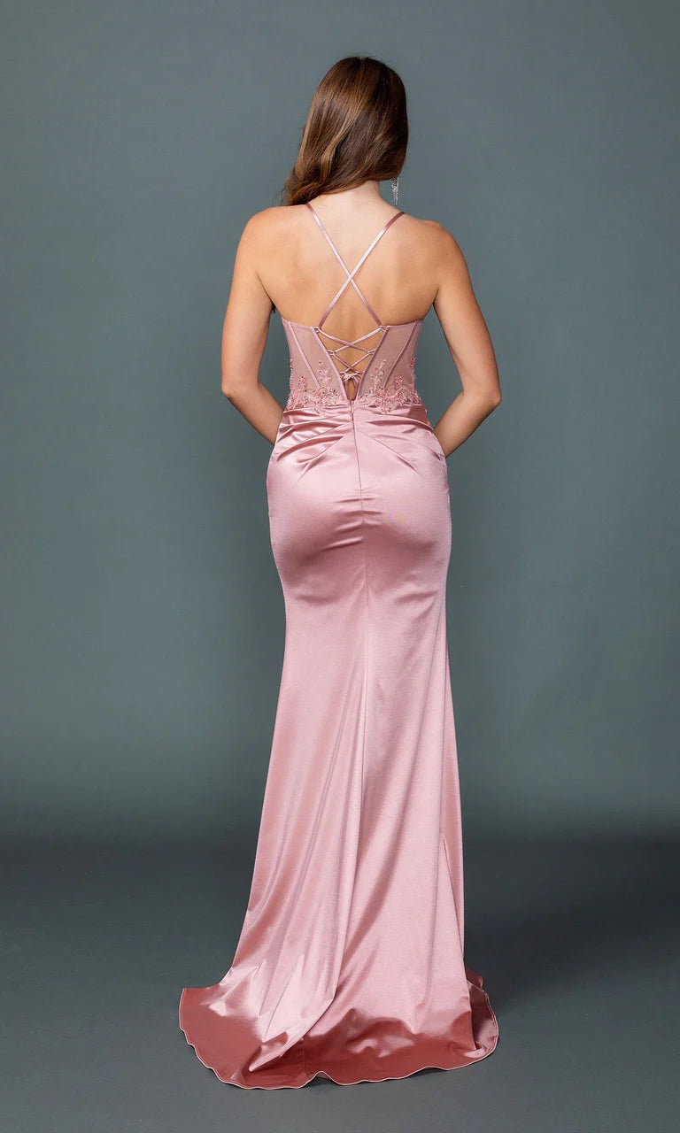 Sheer Corset Prom Dress with Beaded Embellishments and Draped Skirt with High Slit (4524)