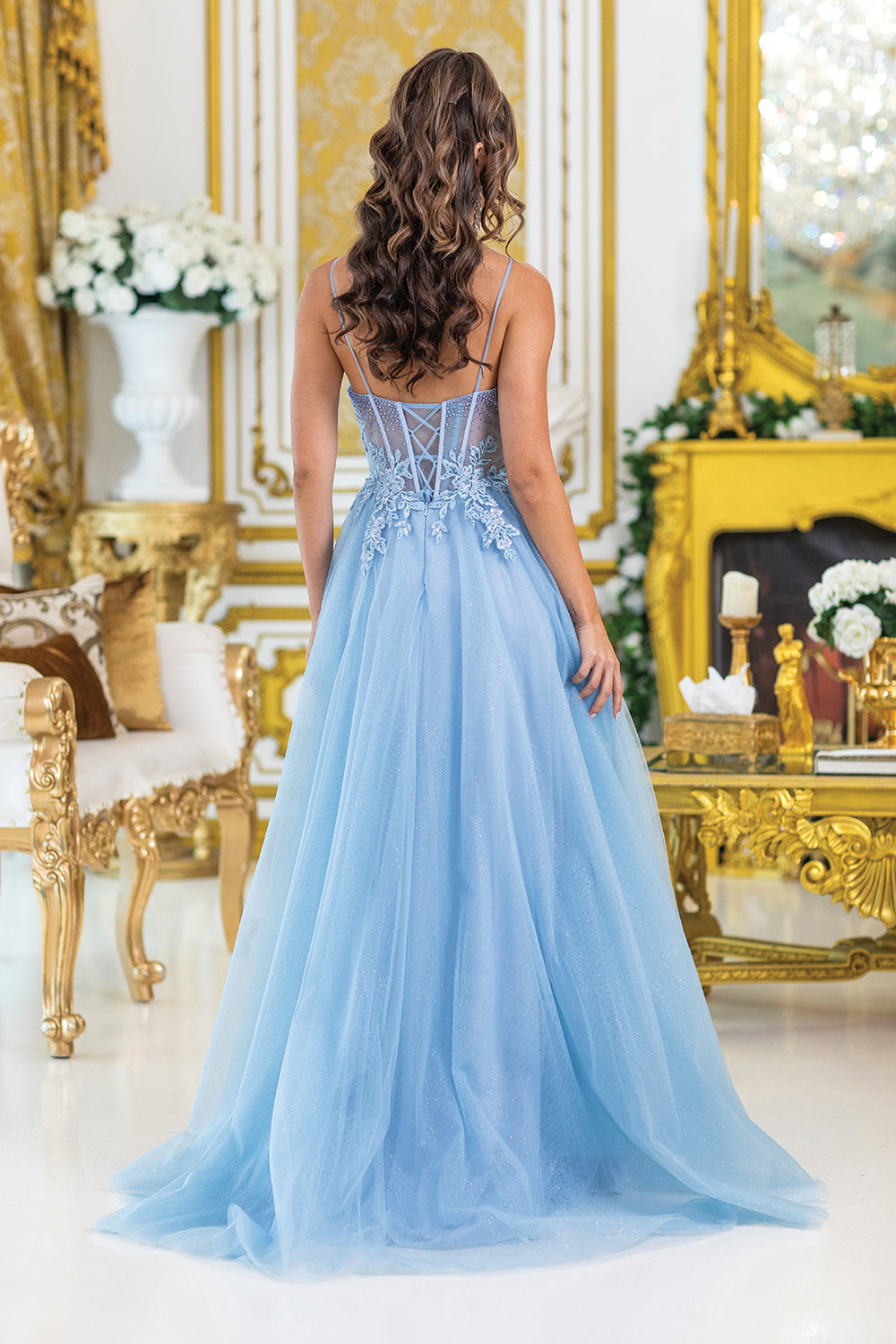 Strapless Prom Dress with Beaded Corset Bodice and Sheer A Line Skirt with Side Slit (4529)
