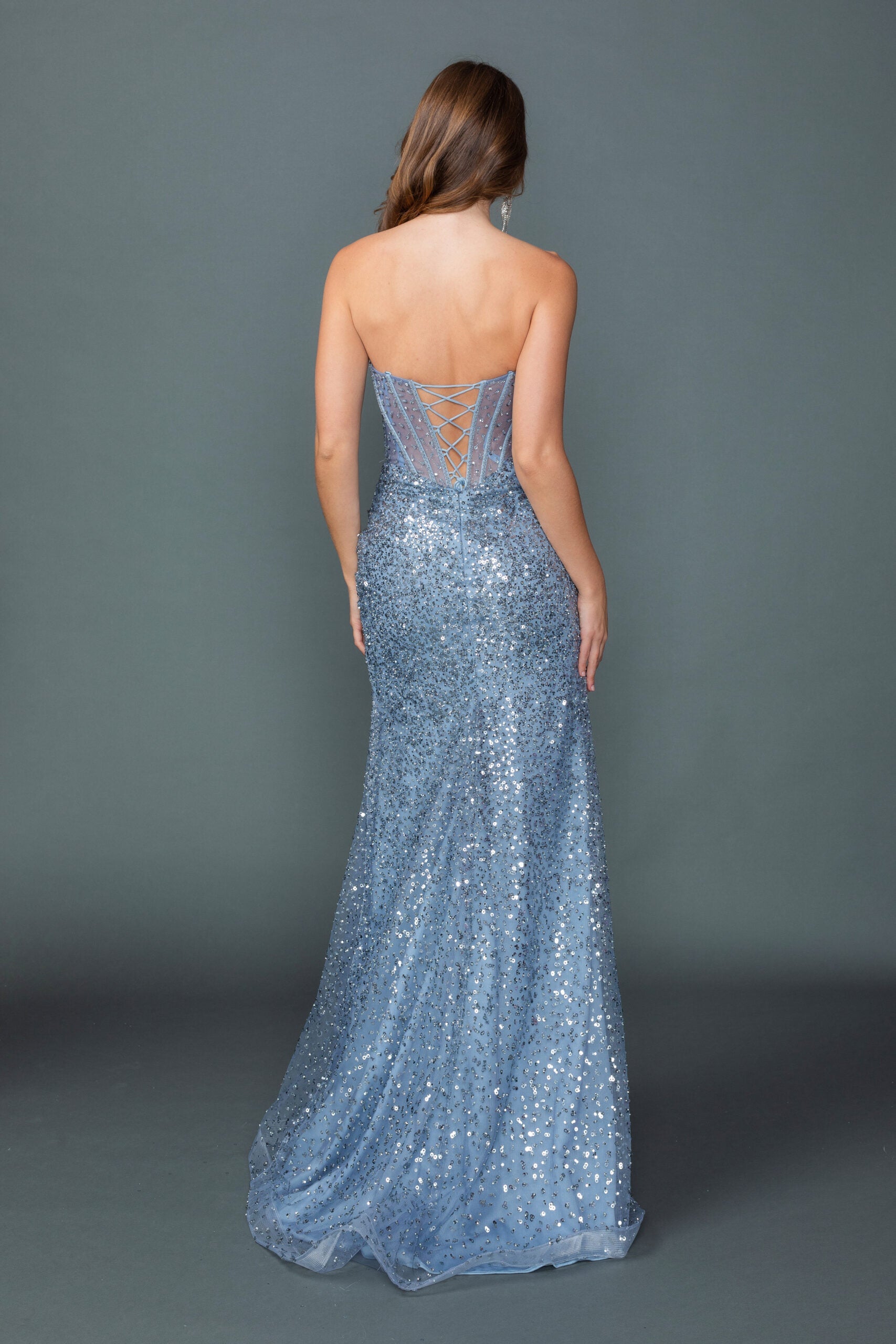 Strapless Sequin Embellished Bodice and Fitted Dress With Slit (4534)