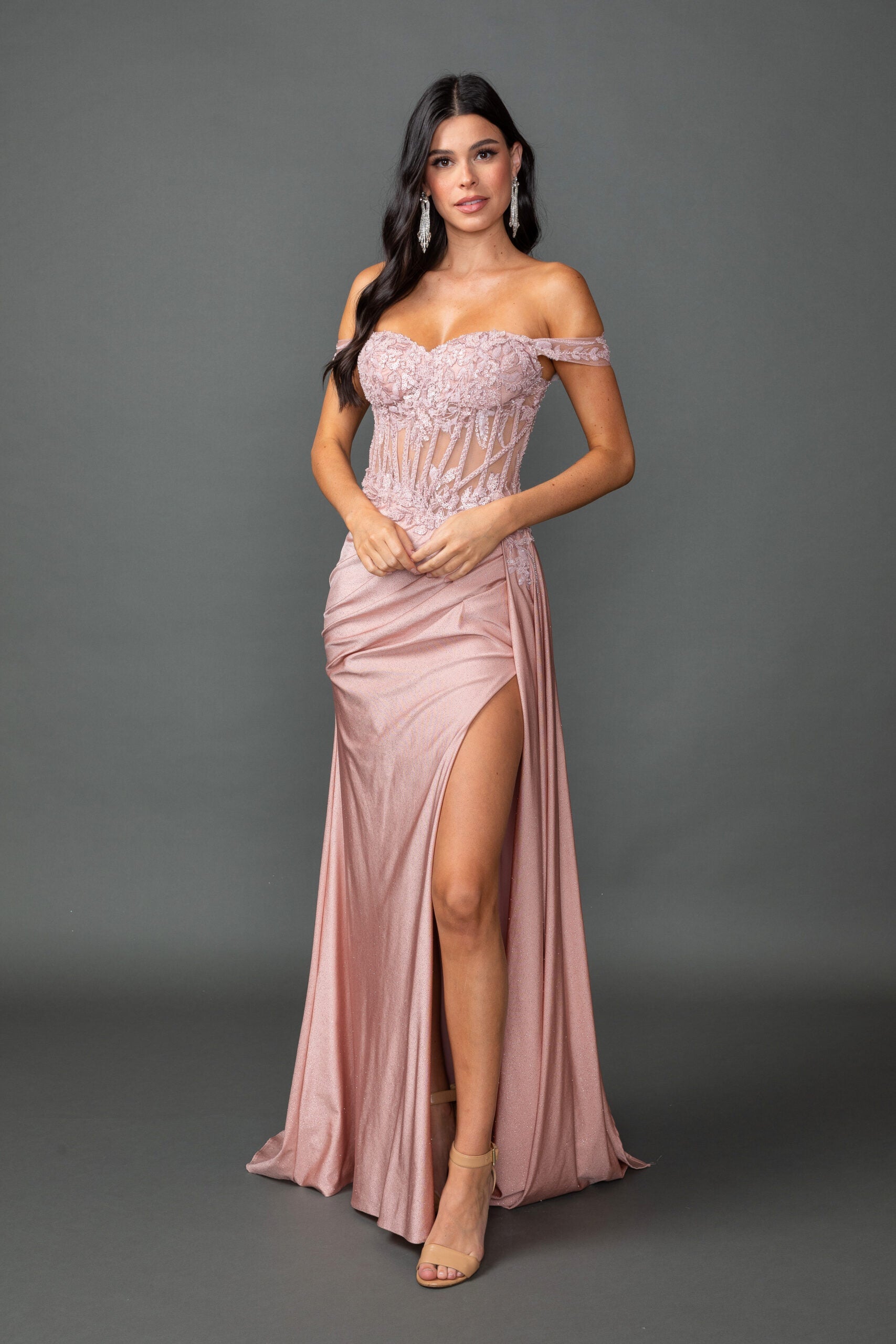 Glitter Fitted Gown With Off-Shoulder and Sweetheart Neckline (4535)